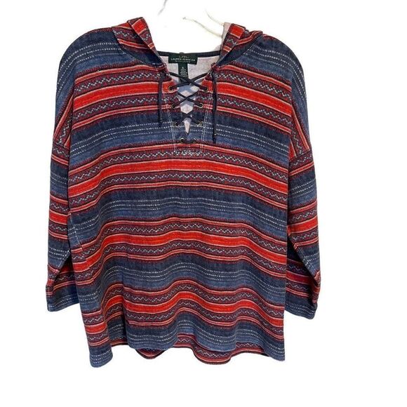 Lauren Ralph Lauren- Red Blue Southwestern Striped Hooded Top Lace Up, XL - Picture 1 of 10